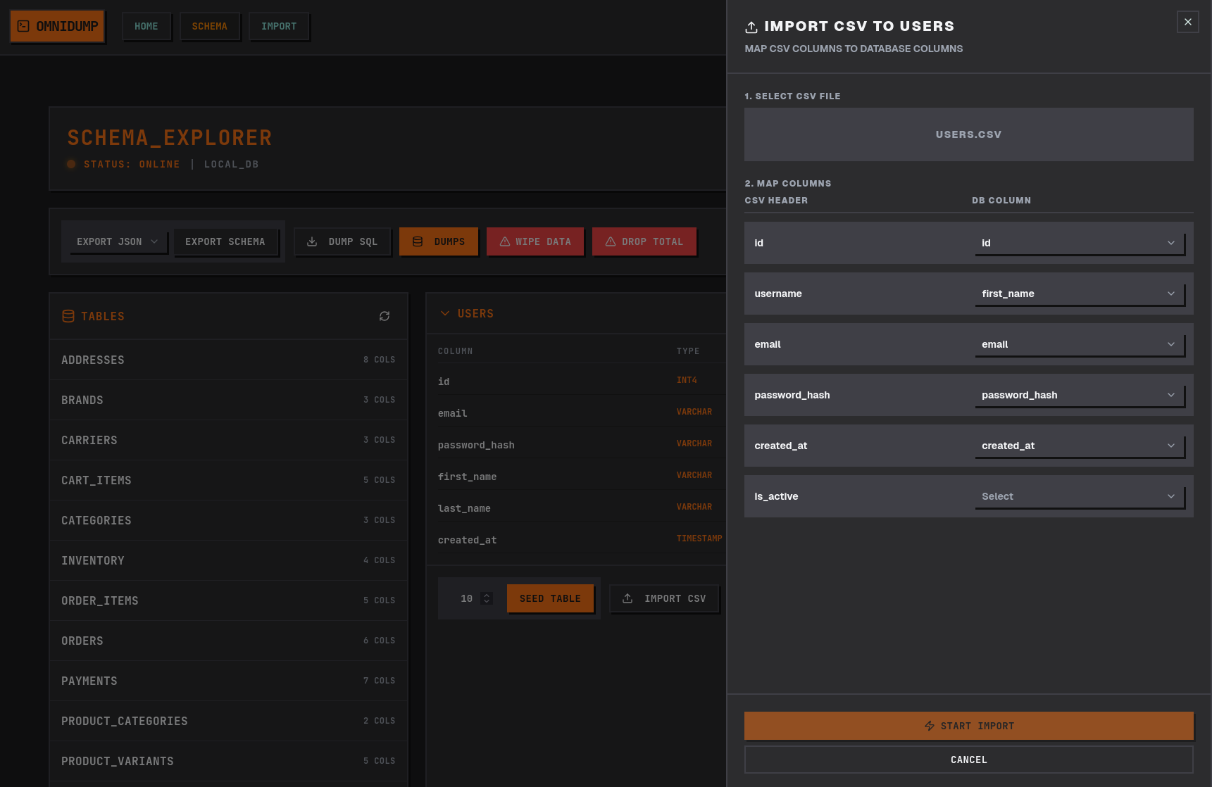 OmniDump CSV import interface showing column mapping wizard and live progress streaming