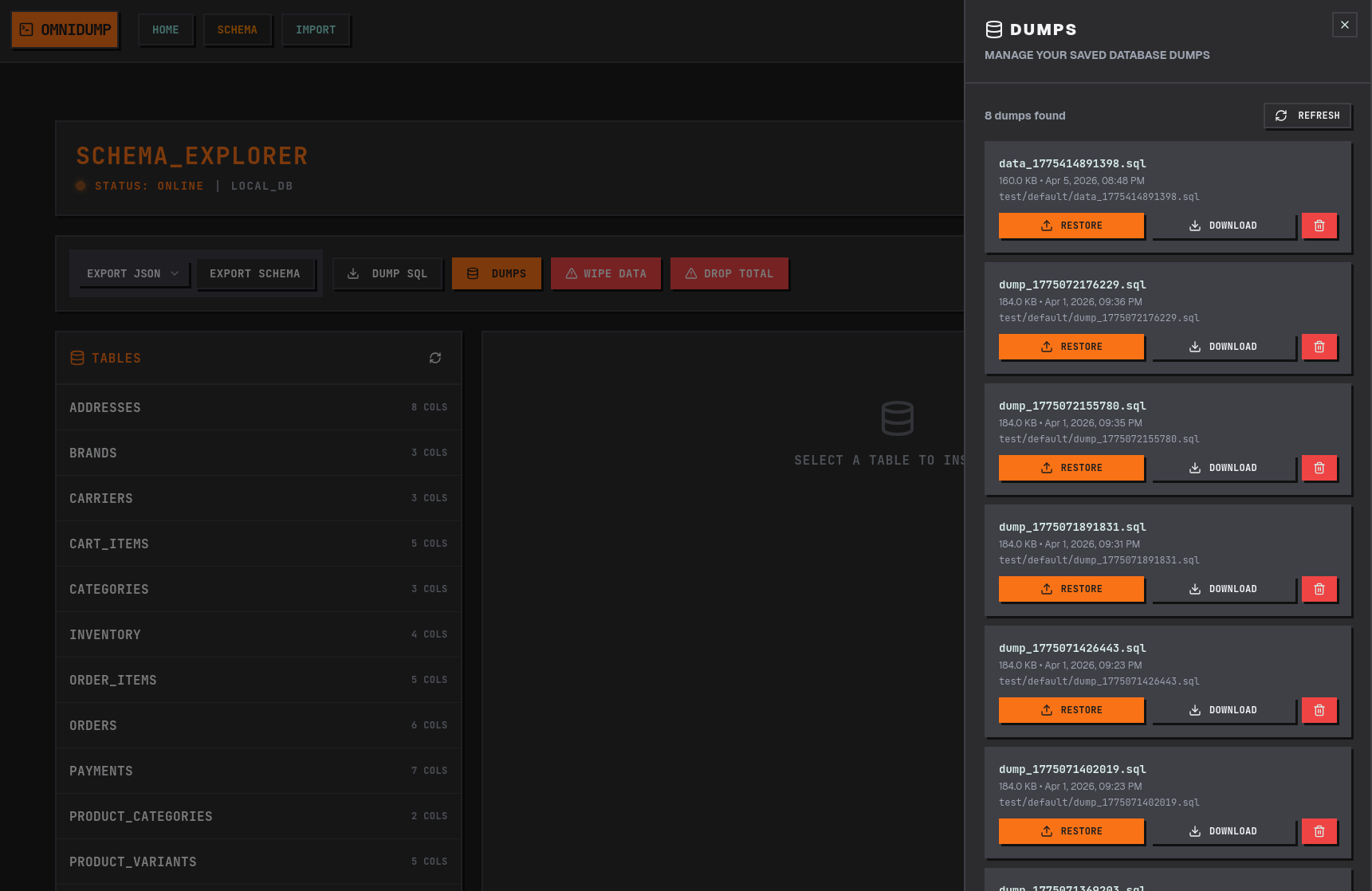 OmniDump SQL dump modal showing table selection for targeted database backup and export options