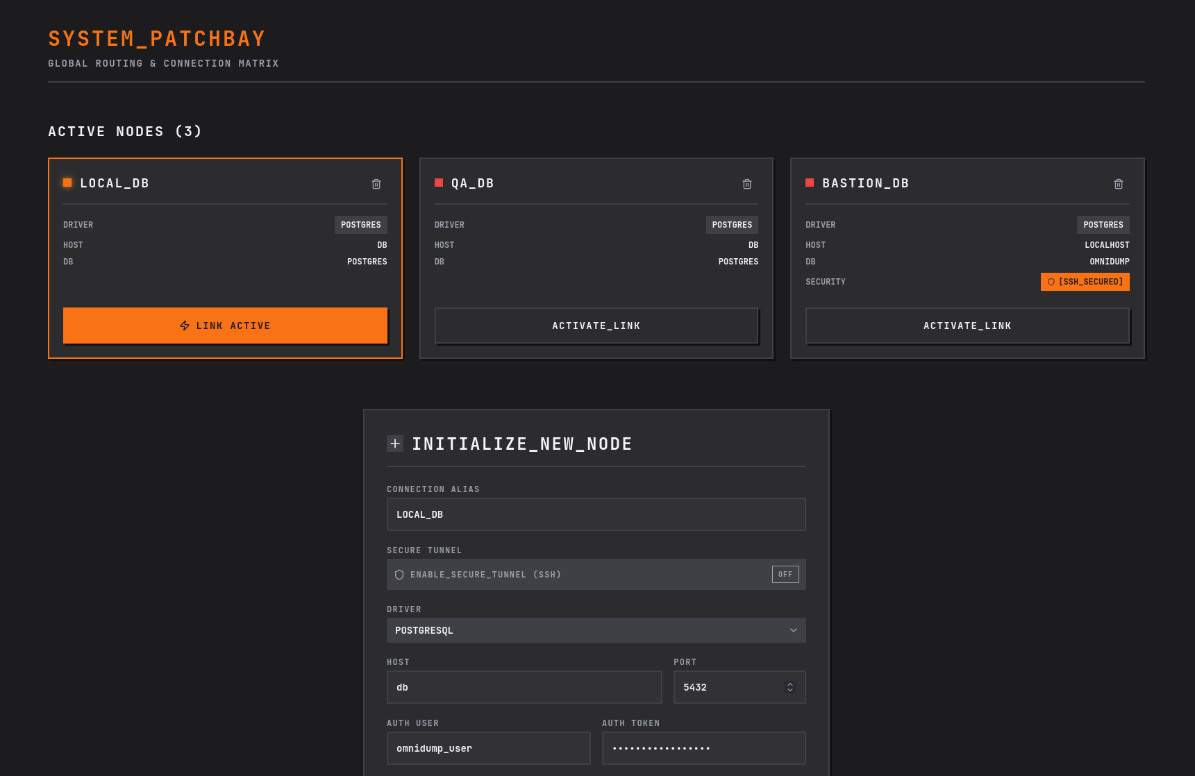 OmniDump connection manager interface showing saved PostgreSQL, MySQL, and SQLite databases with SSH tunnel configuration options